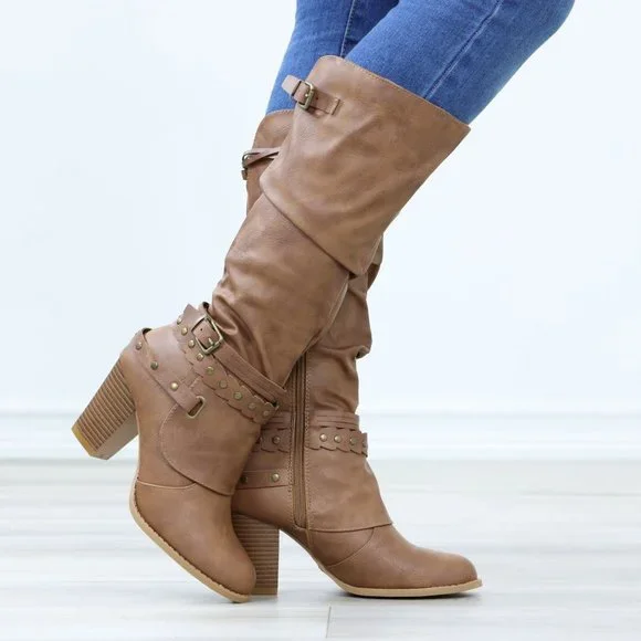 Motorcycle Heeled Boots For Rocker Biker Girls Below The Knee Tan Faux Leather - Picture 6 of 15